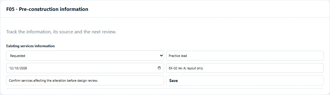 CDMlogic pre-construction information tracker with fictional entries