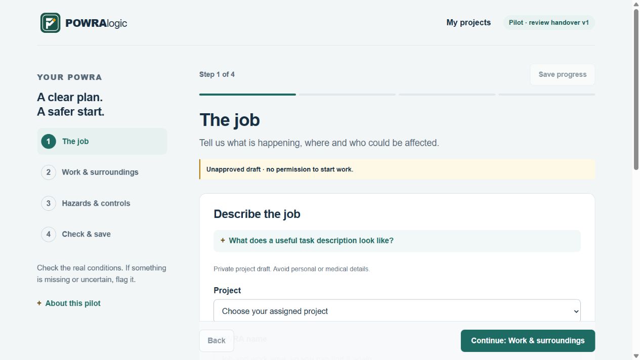 POWRAlogic blank task-review screen showing its four workflow steps