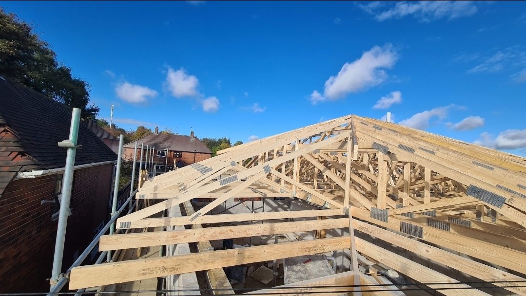 Roof framing during construction.